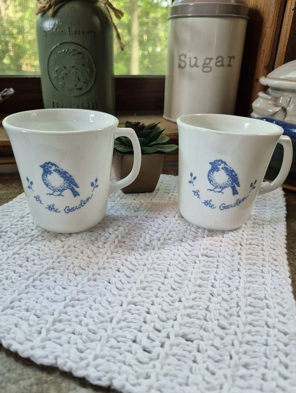 2pc. Vintage Corning In The Garden Blue Bird USA Coffee Mug Set